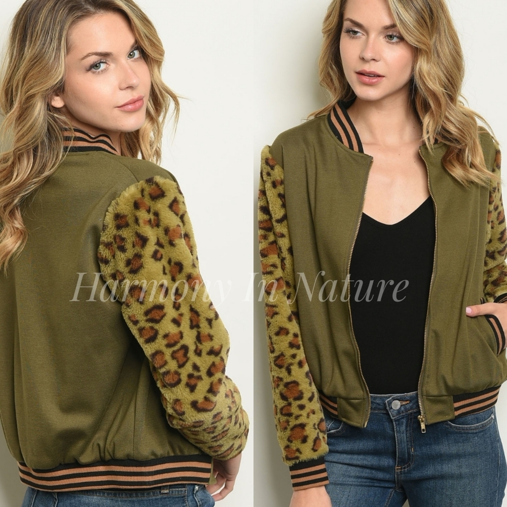 Olive Green & Leopard Bomber Jacket - Picture 1 of 6